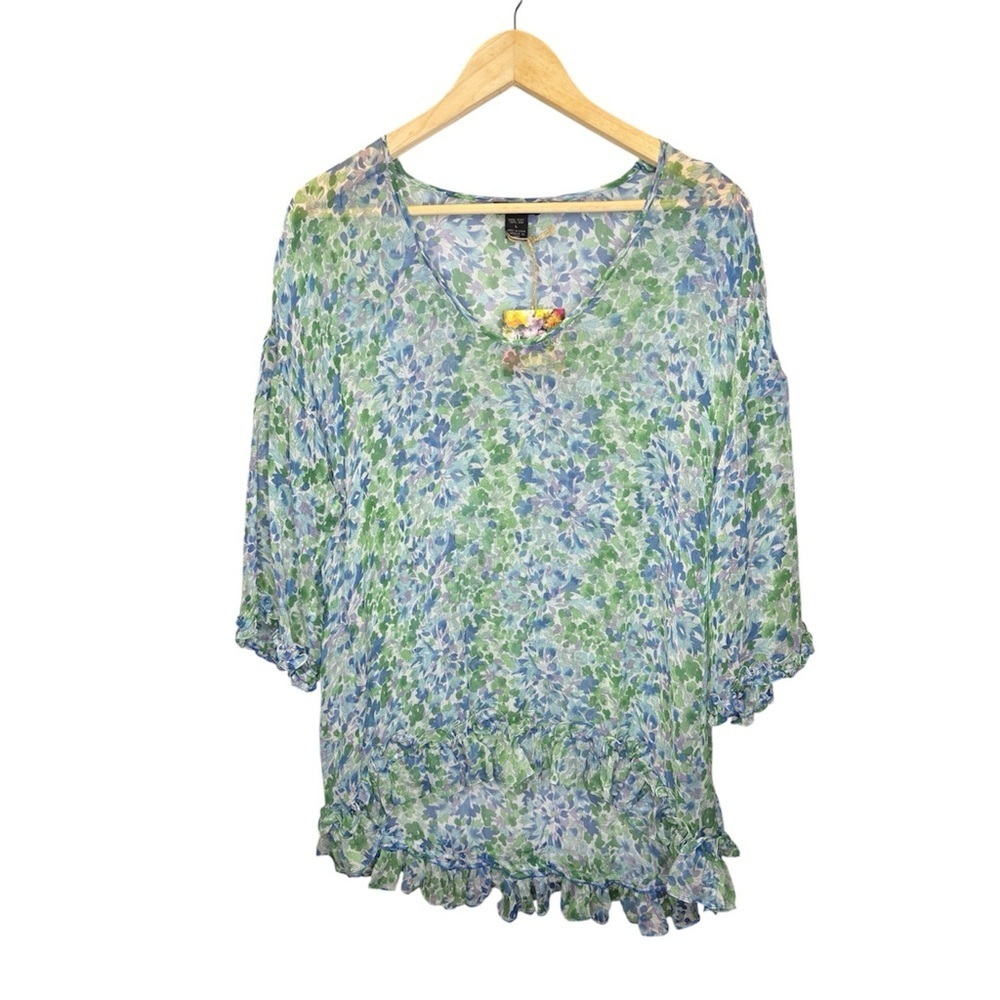 Ella Moss 100% Silk Sheer Floral Ruffle Hem Blouse Top Size L NWT